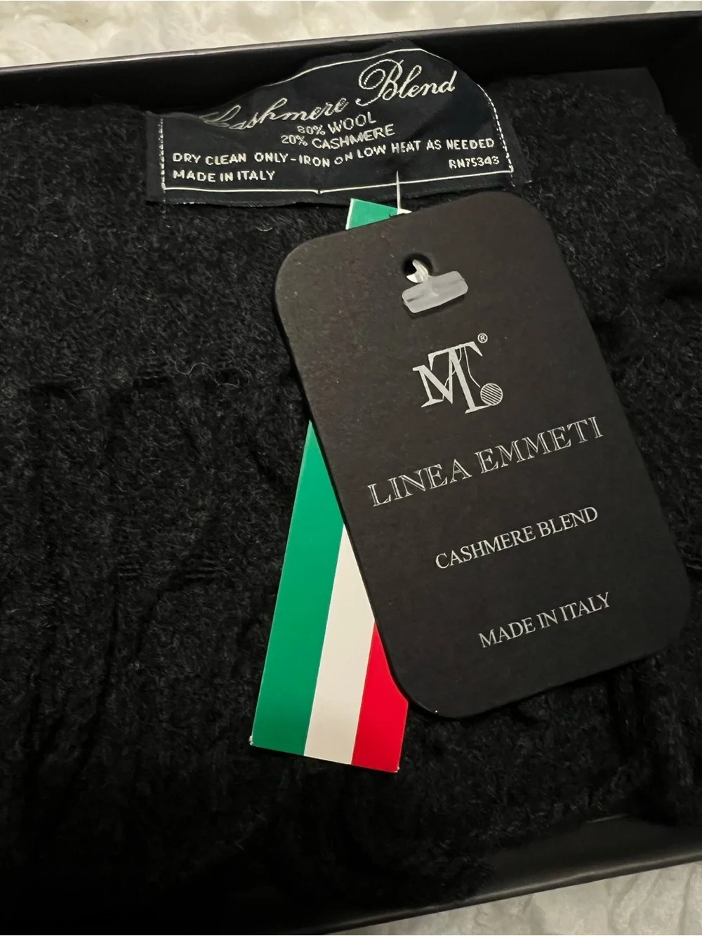 Linea Emmeti Cashmere Wool Blend Black Scarf Men’s 12” X 71” Made in Italy